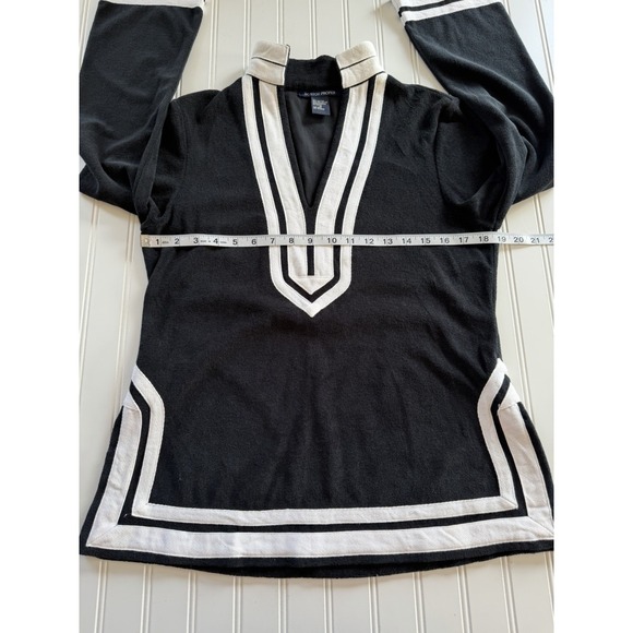 Boston Proper Womens Terry Cloth Tunic Top M Black White Trim V Neck Long Sleeve - Picture 5 of 8
